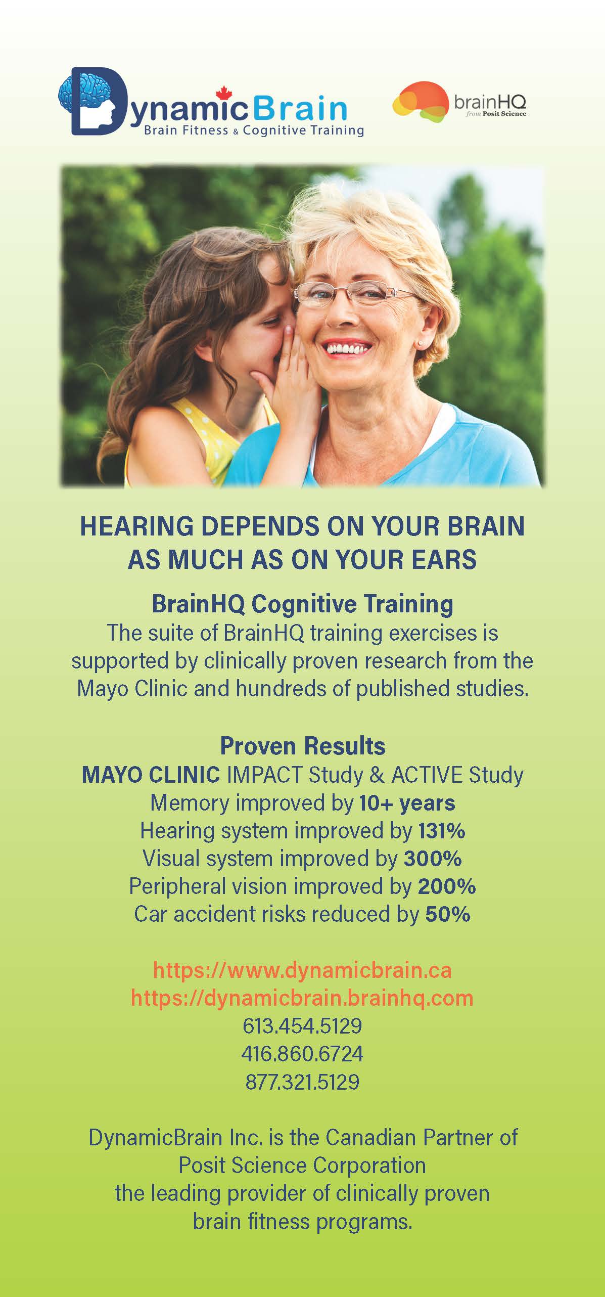 A rack card with an image of a girl whispering to an elderly woman at the top and company information below